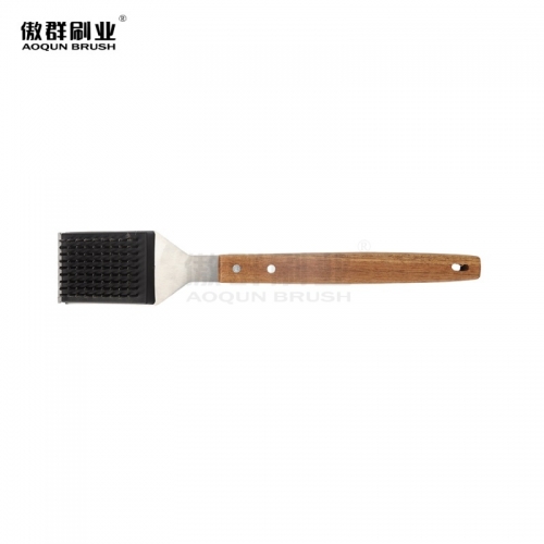 Grill Brush and Scraper for Barbecue | Wooden Handle and Replaceable Stainless Steel Bristles Head